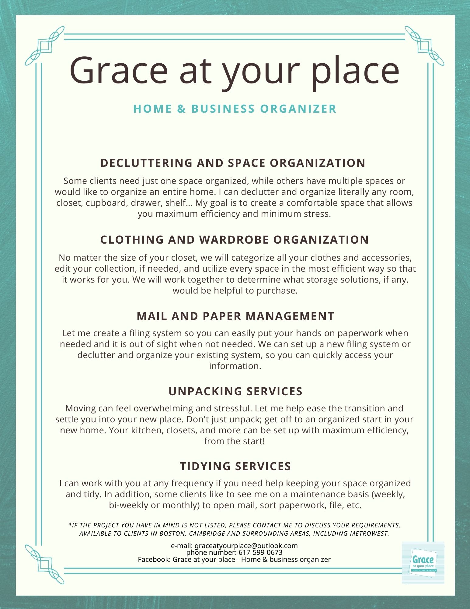 Grace at your place-Home organizer-Boston-Cambridge-Menu of services