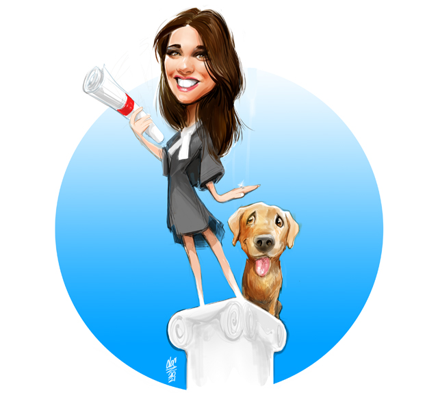 academic-brunette-caricature-with-dog-and-degree