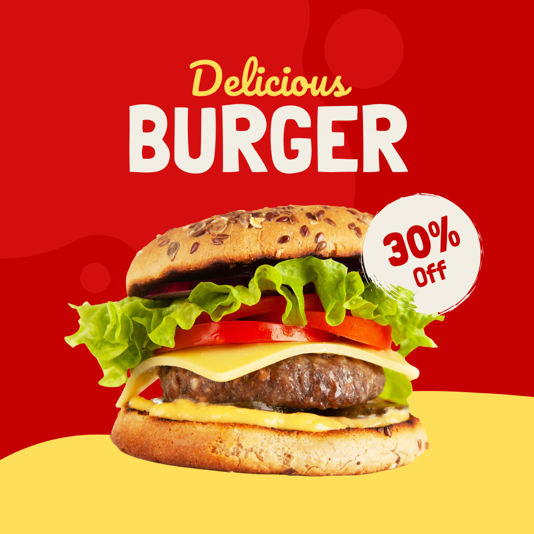 Red and Yellow Delicious Burger Food Promo Social Media