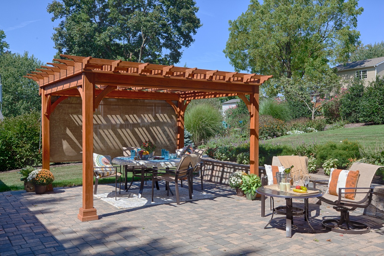 20140912-12'x12' Traditional Wood Pergola, Canyon Brown Stain, Burlap EZ Shade Side Curtain (1) Large